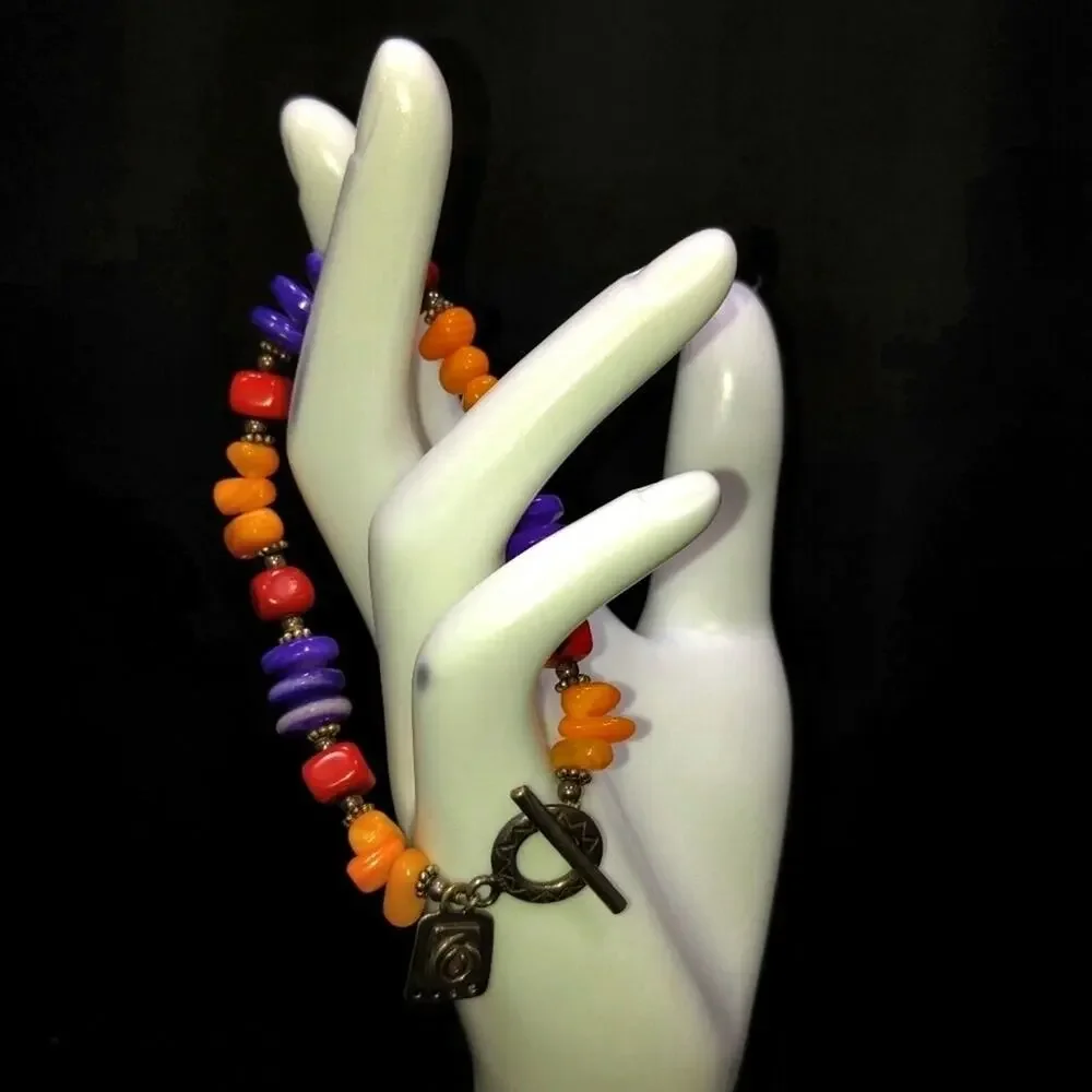 Vintage Gemstone Bracelet, Orange Purple Red Toggle Clasp, 7 3/4 Inches